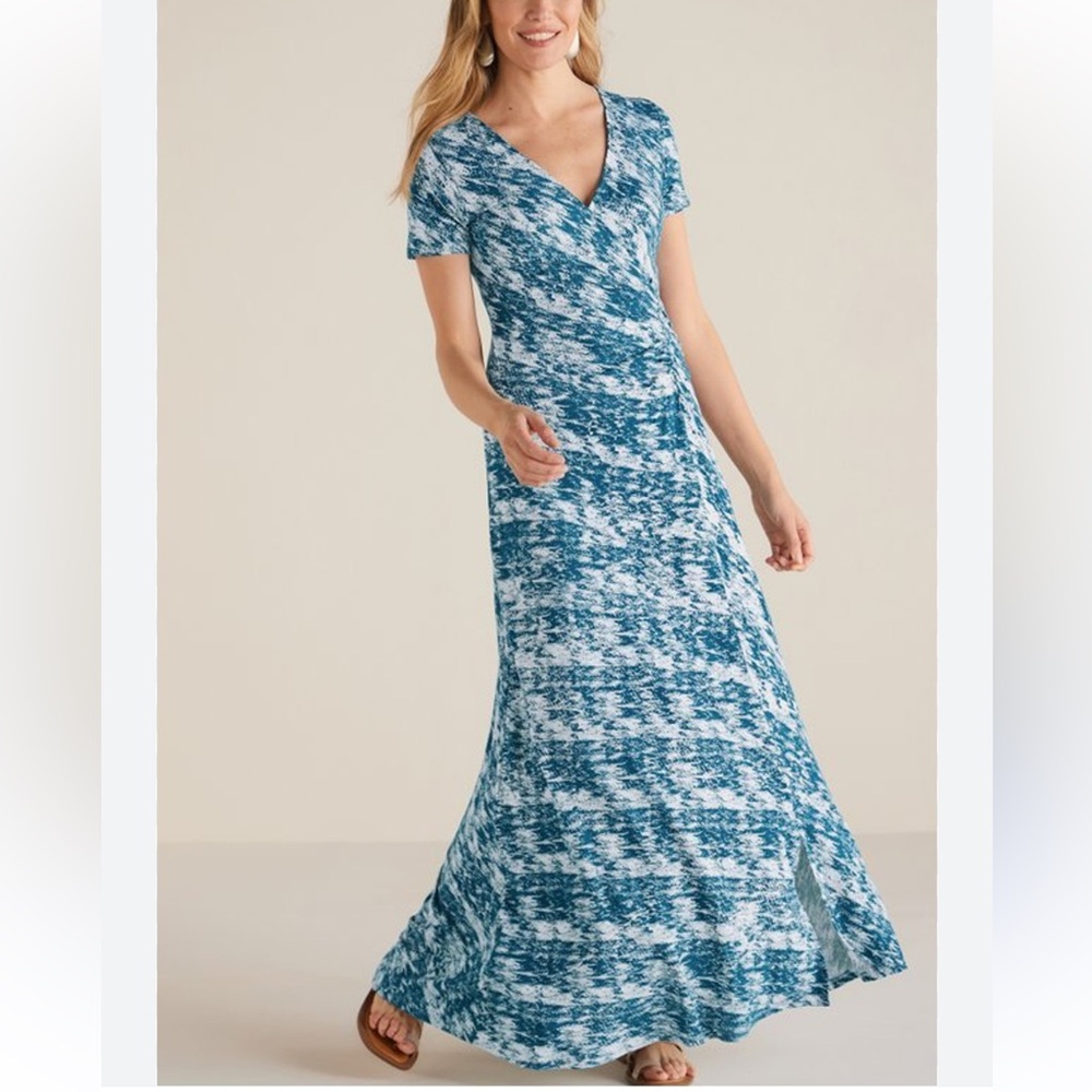SOFT SURROUNDINGS NWT "Joanna" Resort Party Abstract Teal/Wht Faux Wrap Maxi 1X